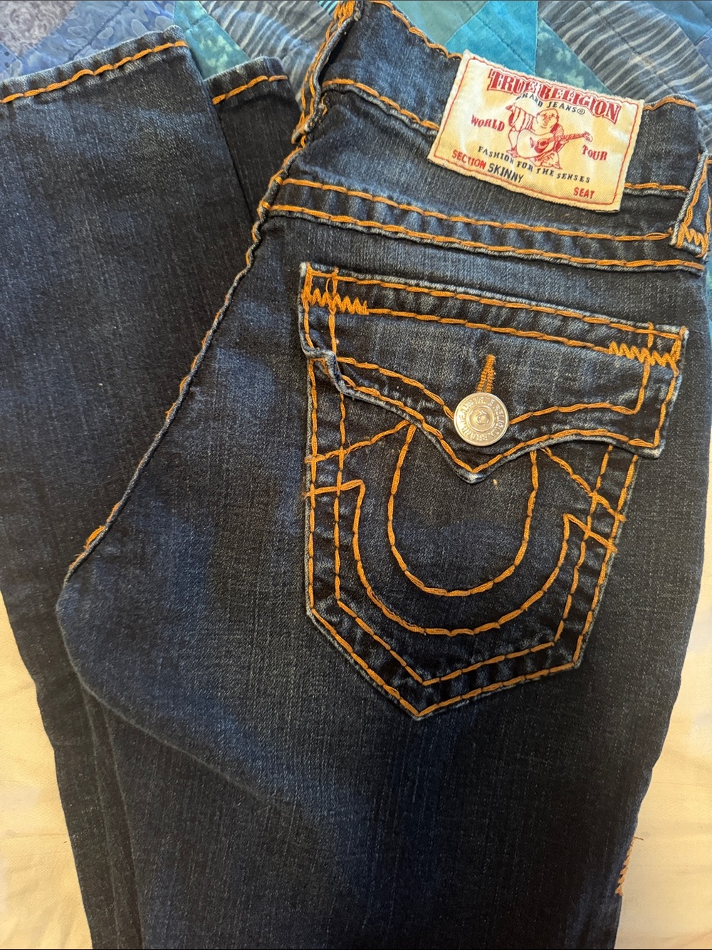 True Religion Dark Blue Skinny Jeans with Orange Contrast Stitching